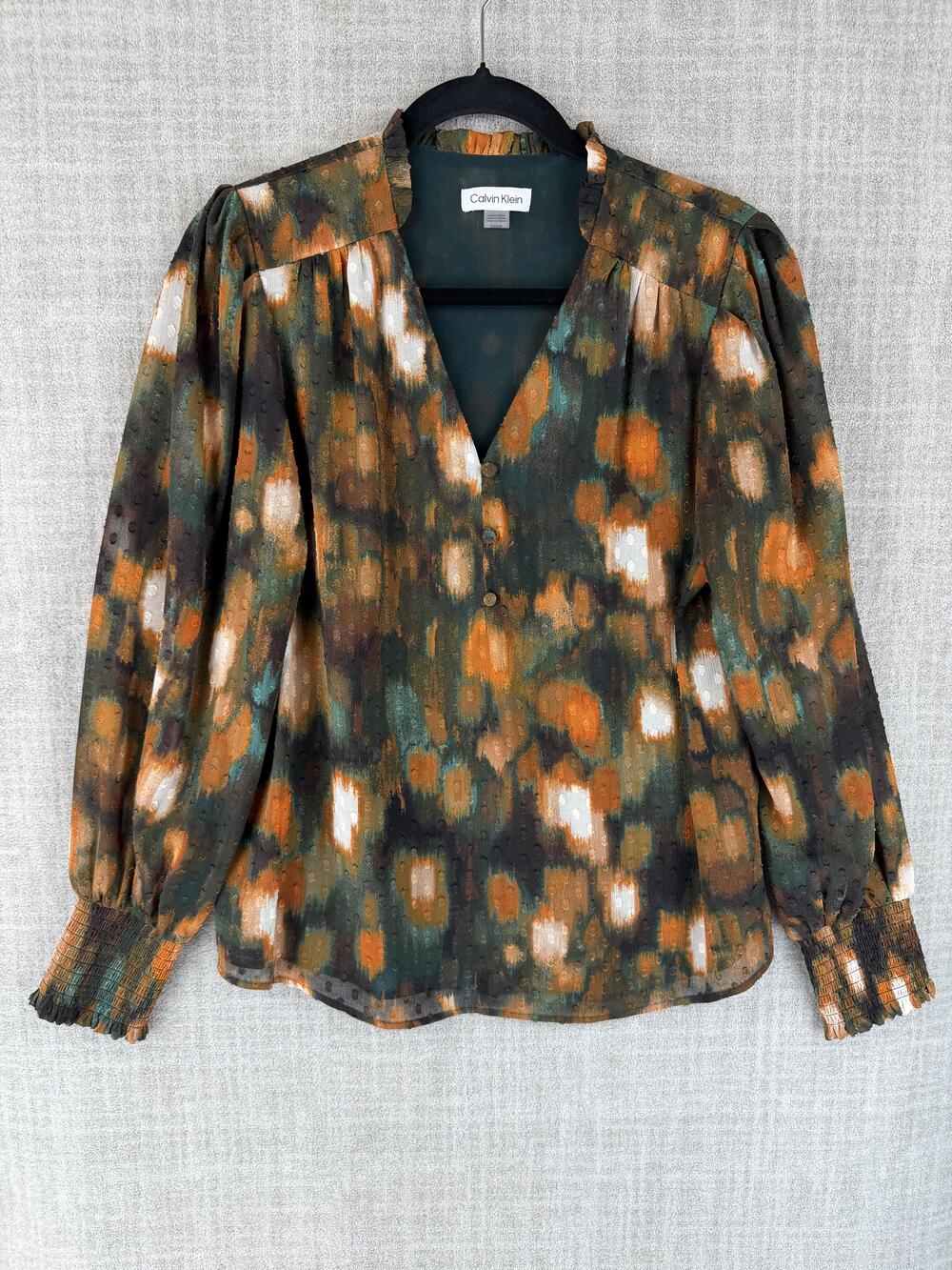 Calvin Klein Blouse Womens S Multicolor Puff Sleeve V-Neck Button Ruffle Chiffon